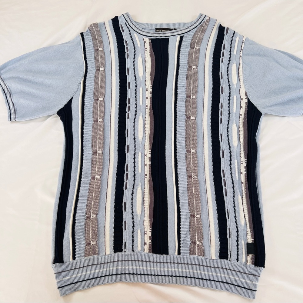 Men's Striped Coogi Style‎ Short Sleeve Sweater Size XL Baby Blue and Gray